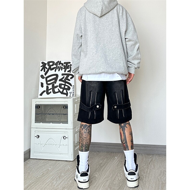 B221美式ins高街暗黑拉链休闲牛仔短裤五分裤LK23082-P50控68,男装牛仔裤,电商B221