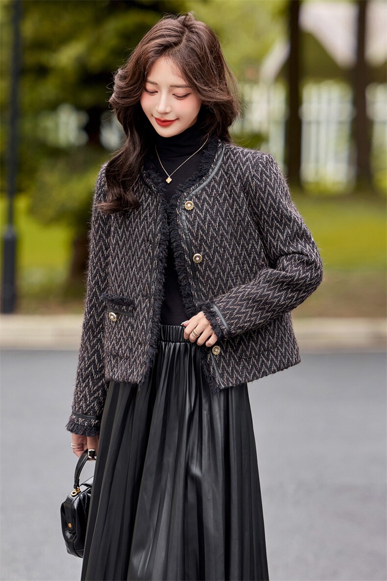 流苏边小香风羊毛呢羽绒外套女2024秋冬季小个子气质短款毛呢上衣,女装羽绒服,雅静靓衣