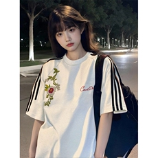 抖音得物高品质二开240克宽松纯棉美式潮牌三条杠织带短袖T恤，男装T恤，电商A486-1