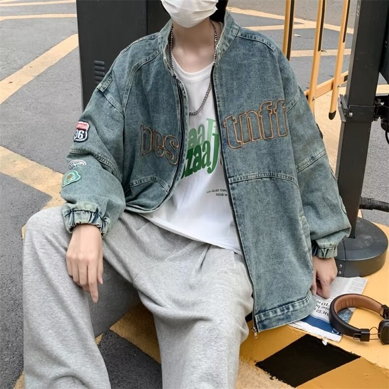 美式复古机车风牛仔外套男潮牌重工刺绣开衫拉链立领J2031P70,男装夹克,星座1116-2