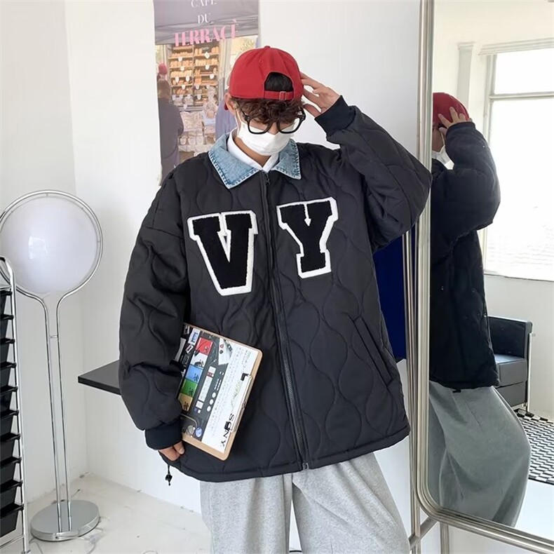 冬天新短款情侣潮牌潮流ins设计感拼接棒球服衬衫领棉袄外套男女,男装夹克,星座1210-1