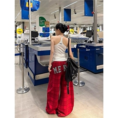 美式格子裤女秋冬红色阔腿裤宽松运动休闲裤拖地长裤K6741-P46，男装休闲裤，星座412-3