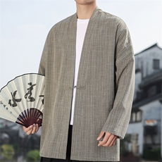 2026风男春夏长外套褂子盘扣条纹提花风衣仿麻披风J09-P105，男装风衣，电商B277(原6028)