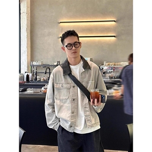 W9483-P70 网图现货 新款拼接pu皮牛仔外套中性工装美式高街夹克图片