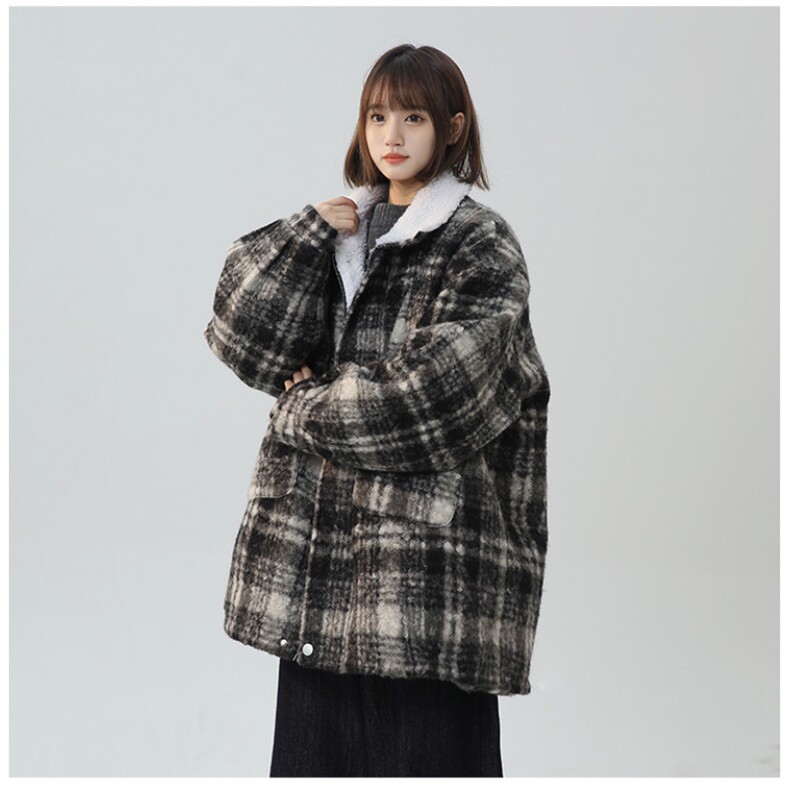 毛呢秋冬格子大衣翻领羊羔绒加绒加厚棉服宽松外套A170-M808-TP95,男装棉衣,电商A170
