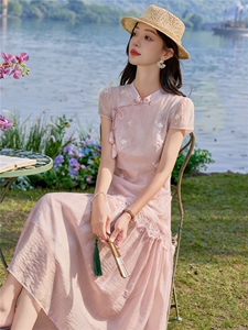 2026新中式改良旗袍连衣裙女夏季复古风立领刺绣假两件中长裙子图片