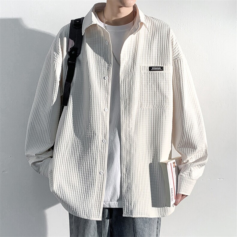 2025秋款长袖衬衫男士日系宽松大码休闲纯色翻领衬衣外套C811-P55,男装衬衫,电商A001-1