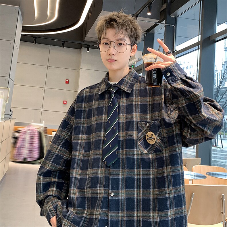 情侣美式复古徽章格子衬衫男长袖衬衣外套XZ225-3-CS03-P45控65,男装衬衫,星座225-3