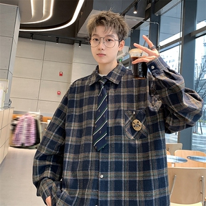 情侣美式复古徽章格子衬衫男长袖衬衣外套XZ225-3-CS03-P45控65图片