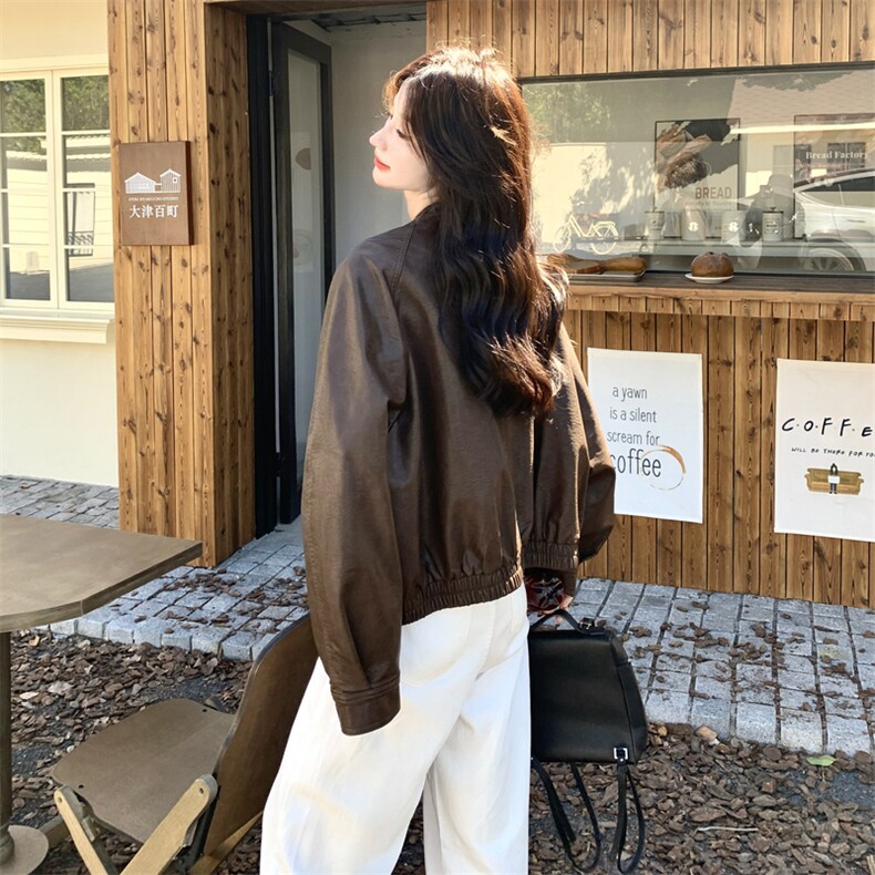 咖色美式复古减龄PU皮衣外套女2025秋季新款百搭时尚气质流行夹克,女装短外套,2C198