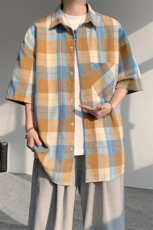短袖衬衫男夏季新款磨毛格子衬衣DX003-特批26无差价，男装衬衫，星座214-3