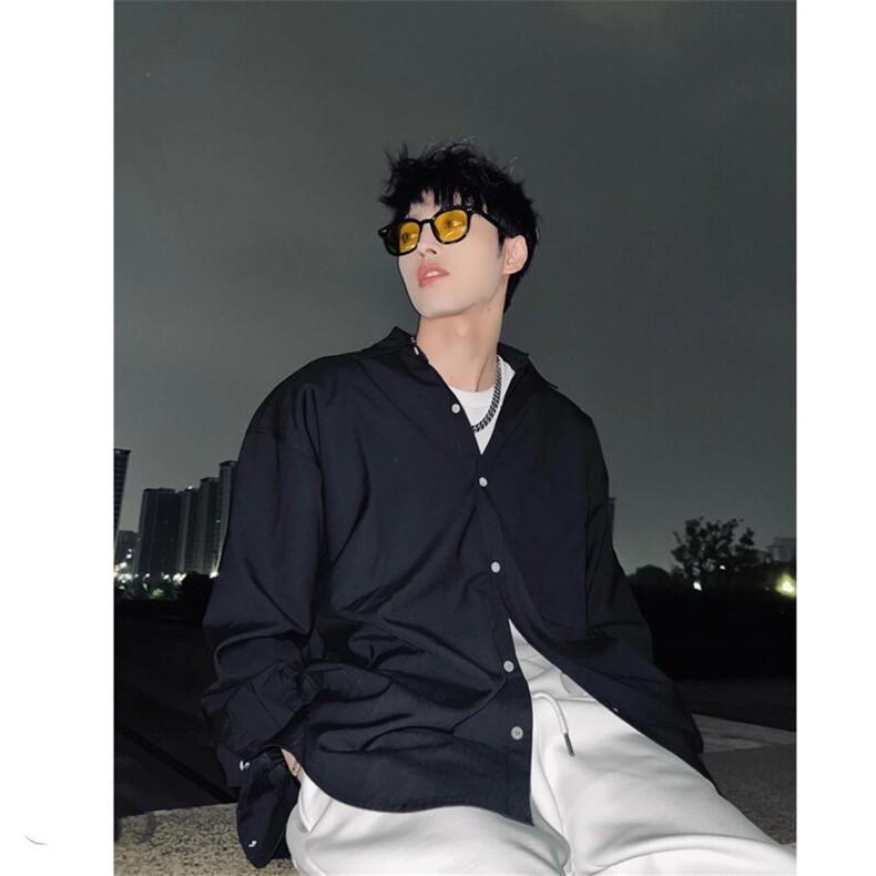 （网图）老钱风春秋痞帅长袖衬衫纯色百搭设计感衬衣防皱外套P38，男装衬衫，电商C306-1