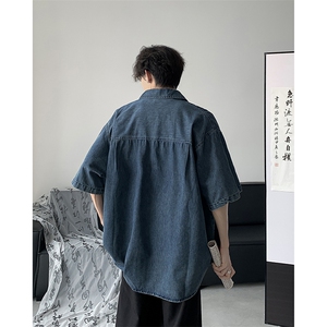 夏季薄款水洗复古牛仔短袖衬衫潮牌宽松休闲上衣图片