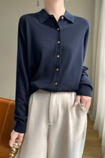 POLO领精纺长袖针织毛衣衬衫女秋冬休闲外搭开衫翻领上衣保暖外套，女装羊毛衫，片语羊绒