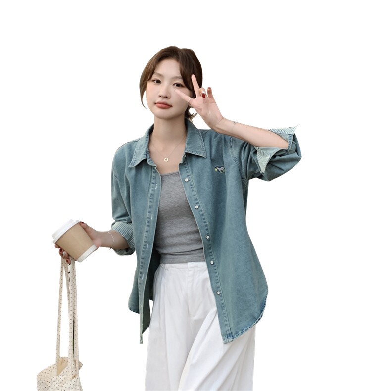 港风重工刺绣叠穿衬衣女款2025新款爆款早春休闲百搭牛仔衬衫外套,女装牛仔外套,依路服饰