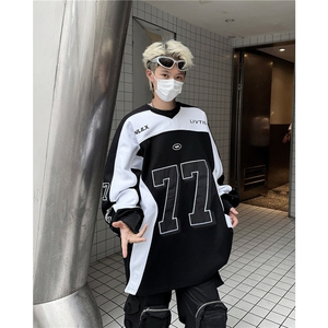 美式重磅硬挺机车服卫衣男春秋撞色拼接无帽衫cleanfit赛车服外套图片