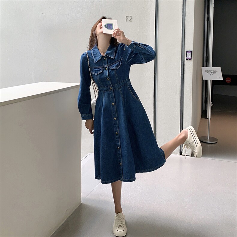韩版复古牛仔连衣裙女2025年春秋季新款设计感收腰显瘦气质A字裙,女装牛仔裙,天使之佳话
