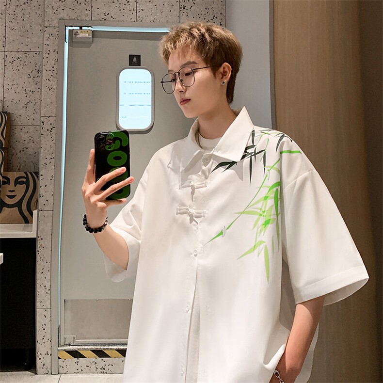 2026夏装潮男新中式印花盘扣短袖五分袖衬衫 CS780/特P35 白色2图片