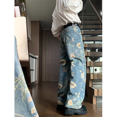 港风夏款男牛仔裤扎染鲜花印花宽松直筒长裤NK02P55，男装牛仔裤，星座1013-1