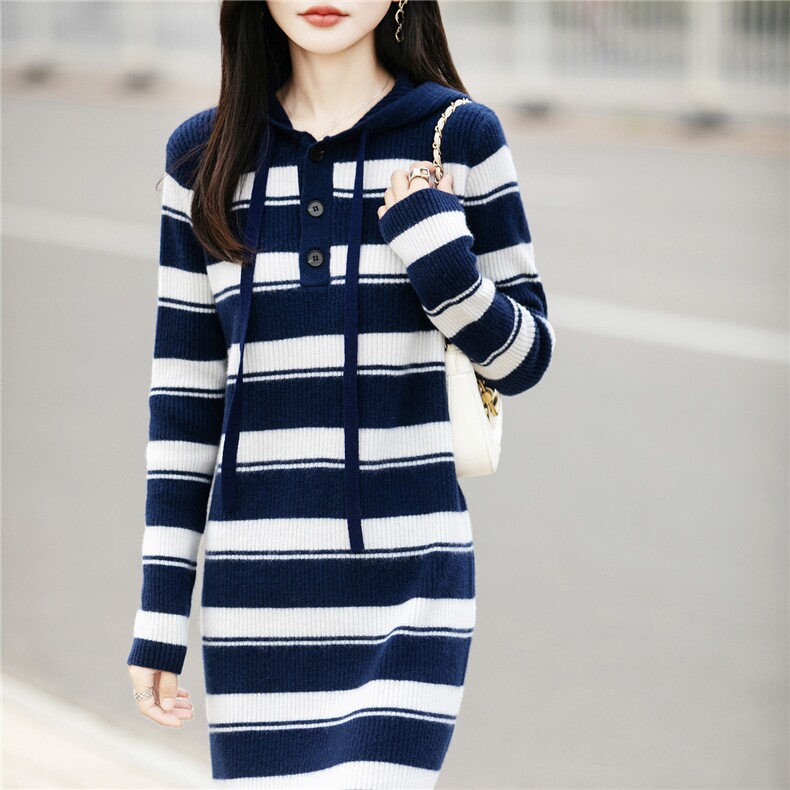 2025百搭时尚简约条纹帽衫领子带扣羊毛，女装羊毛衫，蒙特羊绒