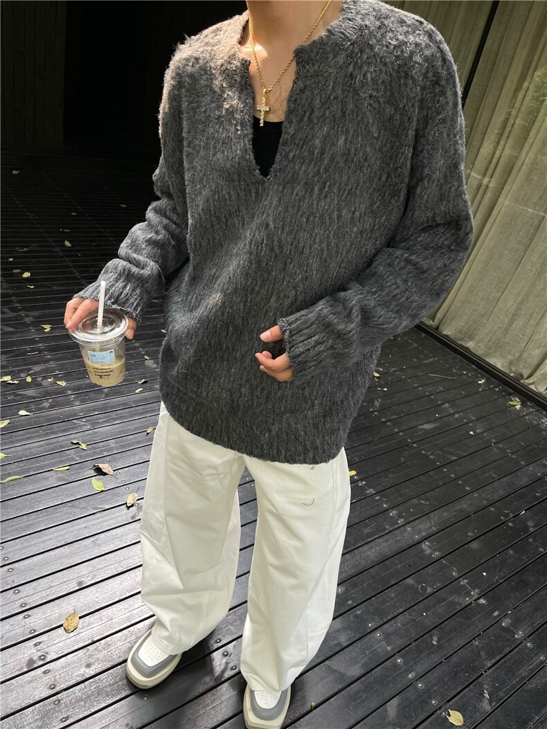 美式复古海马毛v领毛衣冬慵懒风灰色针织衫小众设计感外LF07P75,男装针织衫/毛衣,电商D256