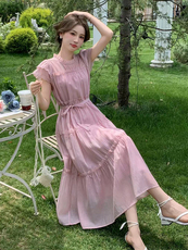 连衣裙女马卡龙色粉蓝黄2025夏季新款冰丝雪纺高级感减龄裙子，女装连衣裙，玖莱伊