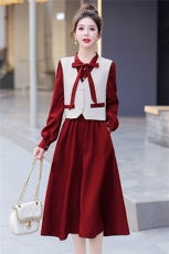 法式气质女春季长袖2025新款漂亮拼接收腰连衣裙马甲显瘦连两件套，女装连衣裙，美静678