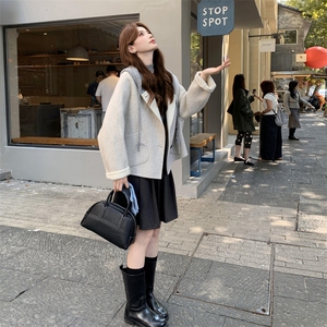 现货新款秋冬新款针织连帽拼接长袖羊绒外套女短款双面羊绒大衣潮图片