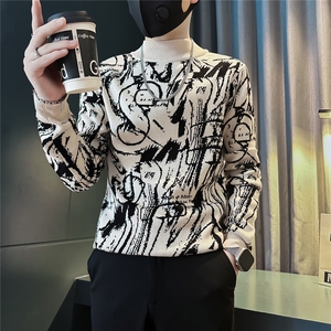 高级感痞帅提花半高领毛衣修身社会小伙店主风301C-M78-P78控108,秋天短靴毛衣穿搭图片