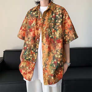 日系复古百搭痞帅衬衫男上衣夏季开衫宽松坠感潮流翻领半袖衣服图片