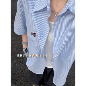 B221 美式ins港风宽松薄款条纹短袖衬衫SY2556-特P35控59图片