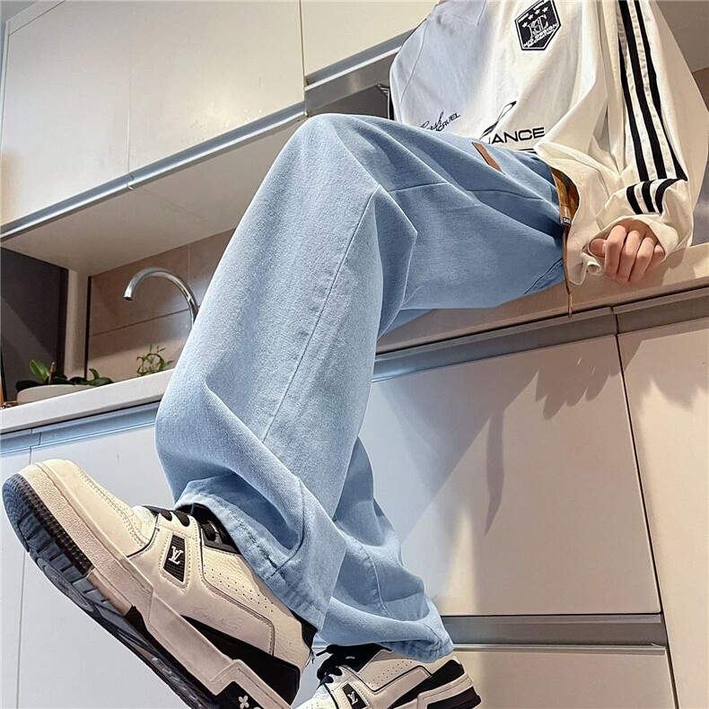 2024美式文艺男纯色绣标直筒牛仔裤水洗抽绳松紧休闲裤子H805/P48，男装牛仔裤，星座506