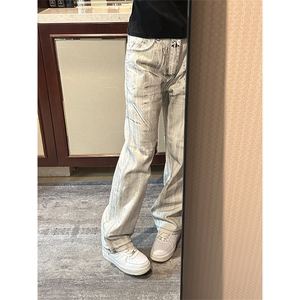 【有货】N1013LL-特P50 水墨做旧牛仔裤男白色微喇脏脏裤子图片