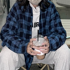 春秋新款蓝色格子衬衫松弛感男女宽松复古简约小刺绣长袖薄外套，男装衬衫，星座506A