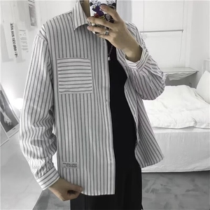 条纹长袖衬衫男港风日系休闲百搭男士衬衣薄款秋季痞帅寸衫外套潮图片