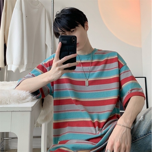 wassuphappy条纹短袖t恤男士夏季潮牌青少年宽松半袖休闲上衣服,简画小人的衣服颜色搭配图片