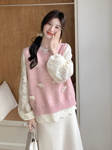 韩系甜美蕾丝上衣女2025早春新款针织马甲镂空打底衫潮图片