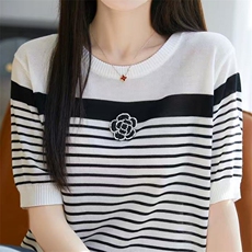 经典条纹~莱赛尔天丝山茶花条纹短袖女夏季圆领针织T恤打底衫，女装T恤，萱芳婷羊绒