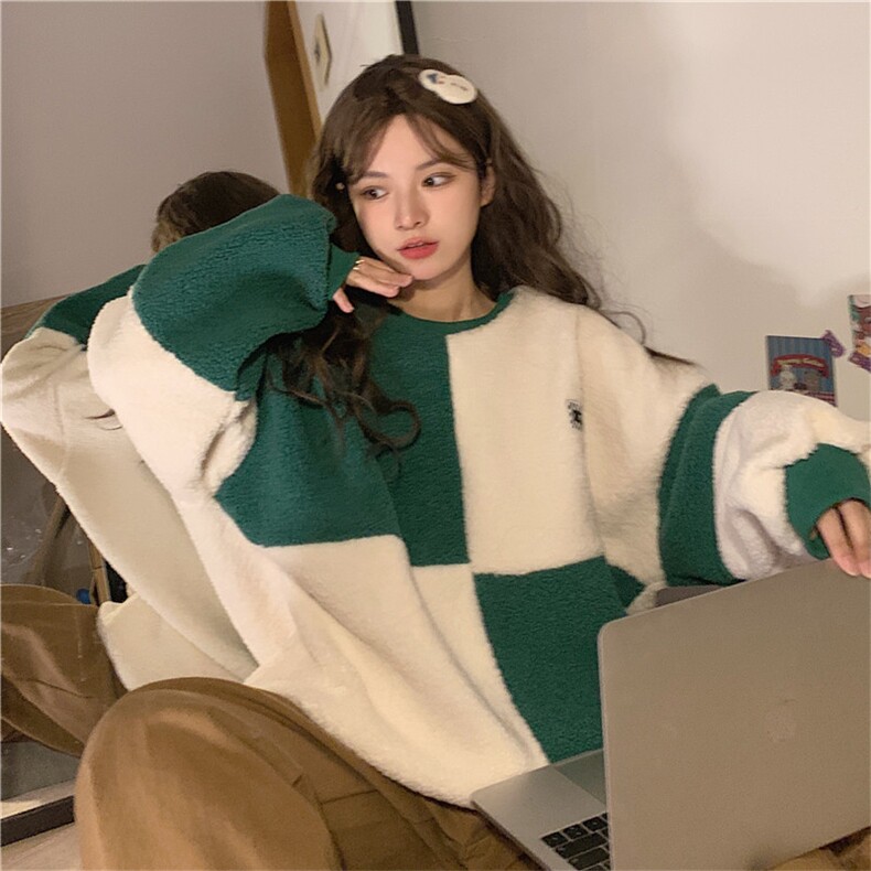 慵懒风撞色羊羔毛卫衣加厚加绒外套宽松潮insE012-P55,女装短外套,星座911-2(原星座613-2）