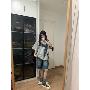 【有货】PX01HH-特P38 格子拼接蝴蝶结短袖t恤男女图片