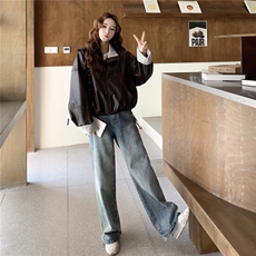 美式复古高级感条纹撞色PU皮衣外套女2025春秋季新款韩系显瘦夹克，女装皮衣，蝶眷