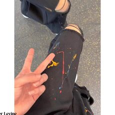 白色泼墨破洞牛仔裤男款夏季直筒高街潮牌微喇叭裤网图A4544-P45，男装牛仔裤，星座1001-1