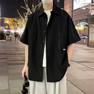 工装短袖衬衫男夏季新款宽松五分袖翻领衬衣休闲痞帅外套C2239