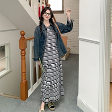 韩版条纹连衣裙套装女2025春秋季新款设计感牛仔外套背心裙两件套，女装连衣裙，浙宝276（原081）