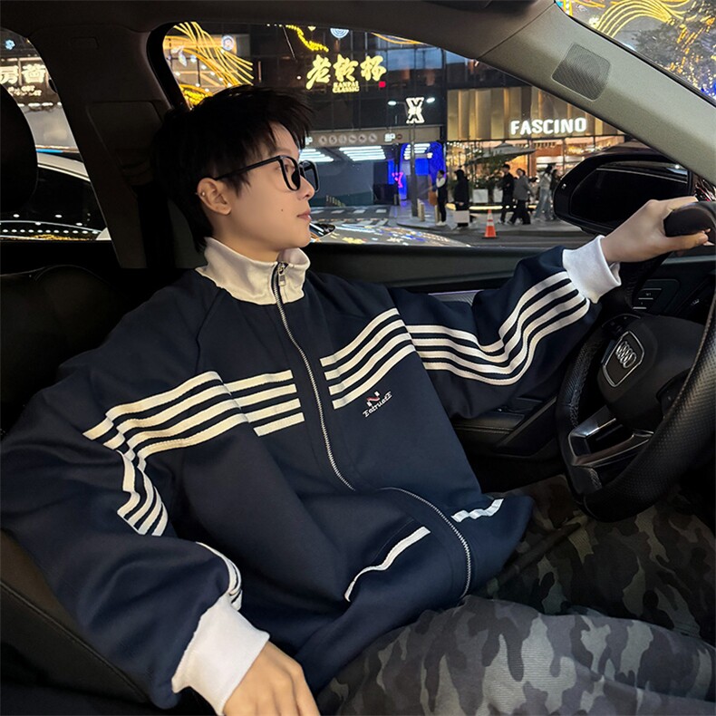 秋冬季复古条纹撞色夹克外套潮牌小众设计宽松休闲上衣图片