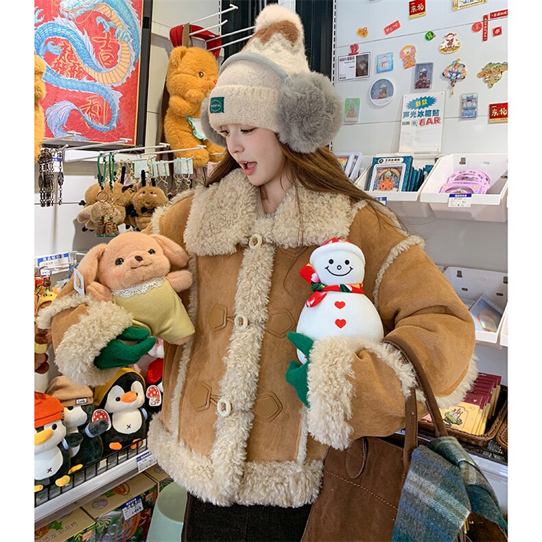 冬麂皮绒毛毛短外套加绒加厚冬新款仿皮毛一体羊羔毛棉服，女装羊羔毛/颗粒绒，诺蝶