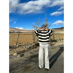 有货~美式复古撞色条纹针织衫宽松休闲情侣毛衣外套MY9534-特P60图片