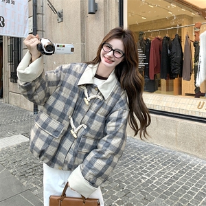 现货复古格子拼接翻袖羽绒服2C110-H7781-P245-K388图片