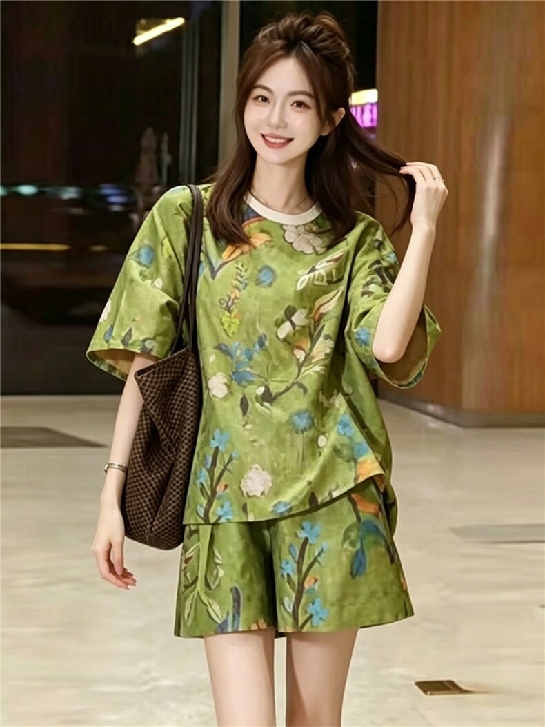 女夏季潮流时尚套装宽松显瘦绿色圆领印花短袖上衣阔腿短裤两件套,女装套装/套裙,江南
