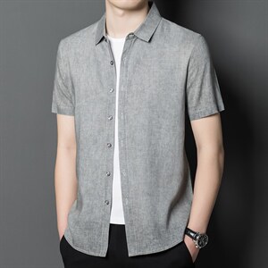 YL5455男式2023年夏季新款亚麻衬衫男短袖翻领休闲衬衣P59,男装衬衫,电商B360